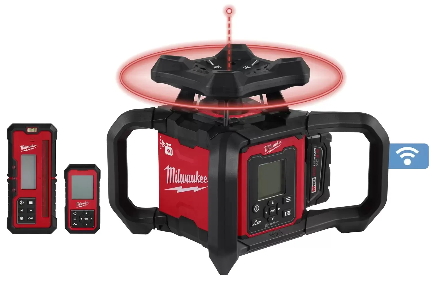 Milwaukee 3704-21T M18 Red Exterior Dual Slope Rotary Laser Level Kit w/ Receiver, Remote, Grade Rod & Tripod